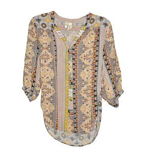 Fig & Flower Anthropologie Women's Boho Print Blouse SM Multicolor Button Up
